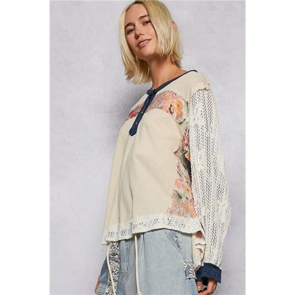 nwt POL Button Detail Floral Patchwork Crochet Sleeve Blouse - Picture 2 of 3